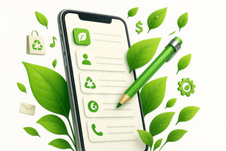 Illustration of eco-friendly smartphone interface with green leaves and recycling icons showcasing sustainability and environmental awareness concept in digital design.の写真素材