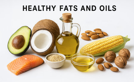 Healthy fats and oils with avocado, coconut, olive oil, salmon, almonds, walnuts, sesame, and corn for balanced nutrition. concept of nutritious diet, cooking ingredient, health benefit.の写真素材
