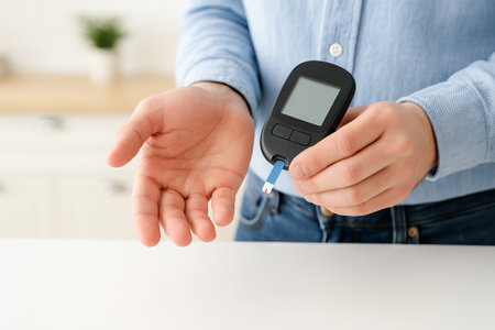Person using glucose meter to measure blood sugar levels indoors. concept of diabetes management, health monitoring, and medical technology.の写真素材