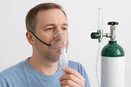 Man using oxygen mask with medical oxygen cylinder for breathing support. Patient with respiratory...