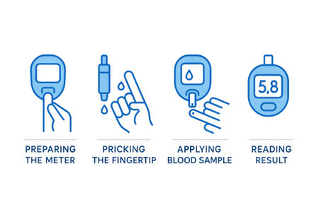 Step-by-step illustration of using glucose meter for blood sugar testing: preparing meter, pricking fingertip, applying blood, reading result. concept of diabetes care, health monitor.の写真素材