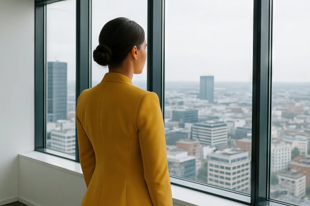 Young business woman in a yellow blazer looking out of a high-rise office window at urban city skyline. concept of career ambition, professional growth, city life.の写真素材