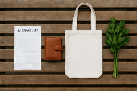 Shopping list and wallet with tote bag and parsley on wooden table. concept of eco-friendly grocery shopping, organization, everyday essentials.の写真素材