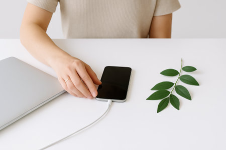 Digital detox moment with person unplugging smartphone on minimalist desk with green leaf. concept of technology break, simplicity, mindfulness.の写真素材