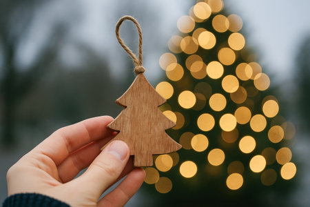 Hand holding wooden christmas ornament against blurred lit tree background. concept of festive decor, holiday spirit, christmas celebration.の写真素材