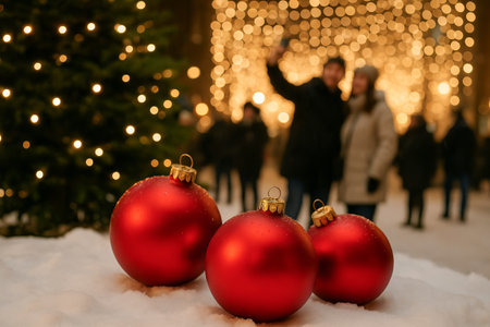 Vibrant red christmas ornaments on snow with festive lights in the background. concept of holiday celebration, winter decor, seasonal festivity.の写真素材