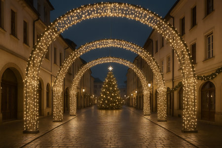 Festive christmas square with illuminated arches and decorated tree during winter evening celebration. concept of holiday spirit, festive decor, seasonal street lighting.の写真素材