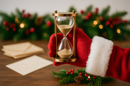 Santa claus holding hourglass among festive christmas decor with envelopes for holiday greetings....