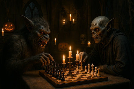 Illustration of intense monster chess showdown in spooky candlelit setting with werewolf and ghoul...