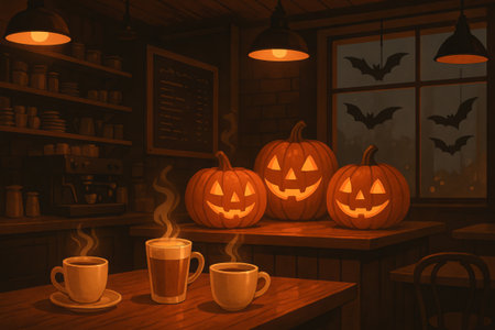 Cozy halloween-themed cafe interior with glowing jack-o-lanterns and steaming coffee cups at a wooden table. concept of autumn decor, spooky ambiance, warm beverages.の写真素材