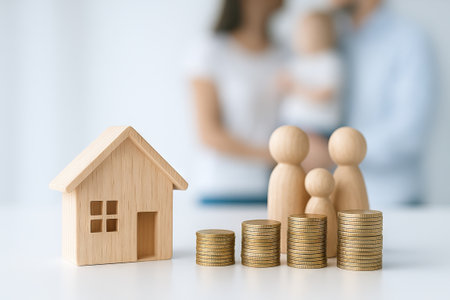 Wooden family and house models with stacks of coins representing financial planning and savings concepts for future security and stability.の写真素材