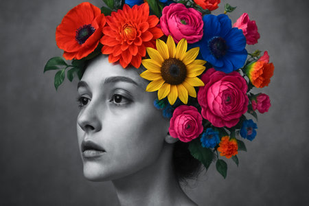 Vibrant floral portrait featuring woman with colorful flower headpiece on gray background. concept of nature-inspired fashion, creative floral design, artistic expression.の写真素材
