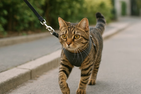 Brown striped cat on a casual stroll with harness on urban sidewalk during a sunny day. concept of pet adventure, outdoor exploration, feline curiosity.の写真素材