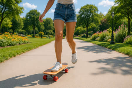 Young woman skateboarding in a lush park under clear blue sky on a sunny day. concept of outdoor...
