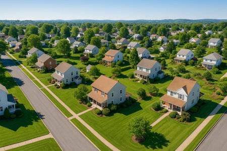 Sunny suburban neighborhood with lush green lawns and cozy homes under clear blue skies reflecting peaceful community living.の写真素材