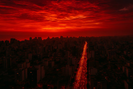 skyline at sunset capturing an enchanting red sky with illuminated cityscape creating a stunning urban atmosphere.の写真素材
