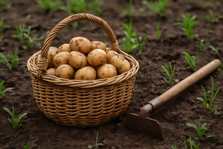Basket of freshly harvested potatoes in a field with hoe beside growing plants. concept of agriculture, organic farming, healthy food.の写真素材