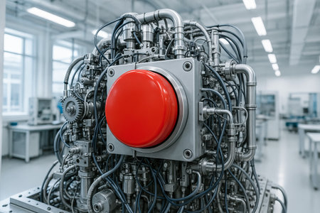 Red button in laboratory with complex machinery and pipes surrounding in a scientific environment....