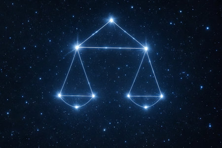 Libra zodiac constellation shining in starry night sky concept of astrology, celestial patterns, cosmic balance.の写真素材