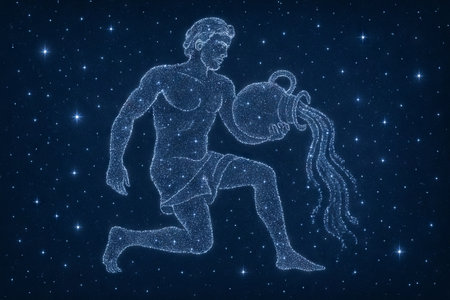Aquarius constellation illustration of water bearer pouring water in night sky. concept of astrology, zodiac sign, celestial art.の写真素材