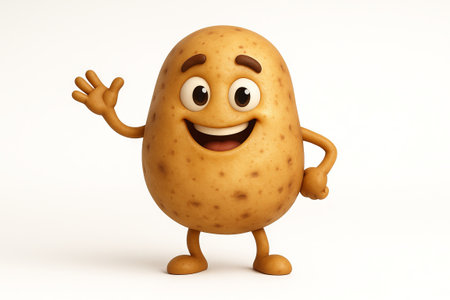 Friendly potato character smiling and waving on white background. concept of playful vegetable illustration, cute food mascot, healthy eating fun.の写真素材