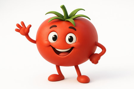 Smiling cartoon tomato character with cheerful expression and waving hand. concept of fun garden vegetable, food mascot, whimsical illustration.の写真素材