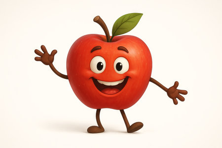 Cheerful cartoon apple character waving with smile and leaf isolated on white background. concept of friendly fruit illustration, fun kids design, playful apple mascot.の写真素材