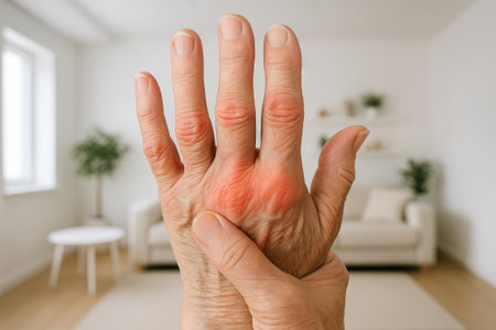 Close-up of hand with arthritis in modern home interior. concept of pain relief, joint inflammation, elderly health care.の写真素材
