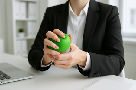 Business person relieving stress with green stress ball in modern office setting. concept of workplace relaxation, stress management, corporate wellness.の写真素材