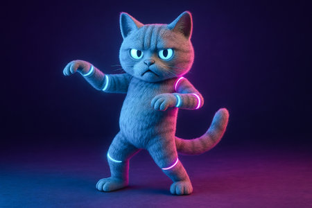 Dancing robot cat with neon lights in futuristic style. concept of robotics, feline technology, sci-fi animation, cyberpunk aesthetic.の写真素材