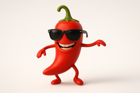 Dancing chili pepper wearing sunglasses on white background. concept of spicy fun, playful character, culinary art.の写真素材