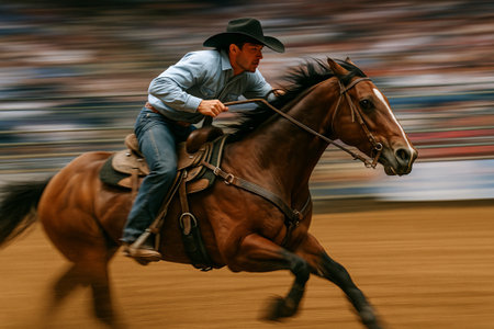 Rodeo cowboy in action riding a galloping horse in a dynamic scene of excitement and western...