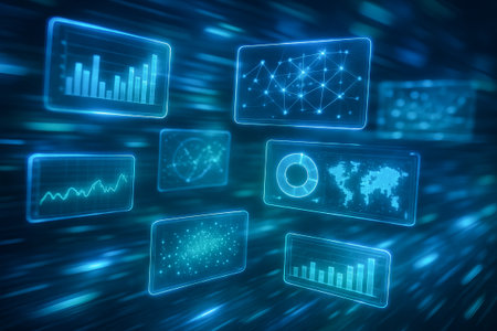 Futuristic holographic data display with digital graphs and maps in motion. concept of technology...