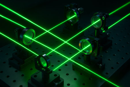 Green laser beams crossing on metallic surface with mirrors in dark scientific setting. concept of light physics, optical experimentation, laser technology advancement.の写真素材