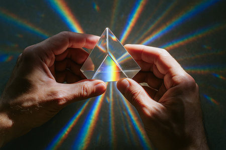 Hands holding a crystal prism with rainbow light reflections in simple composition. concept of...
