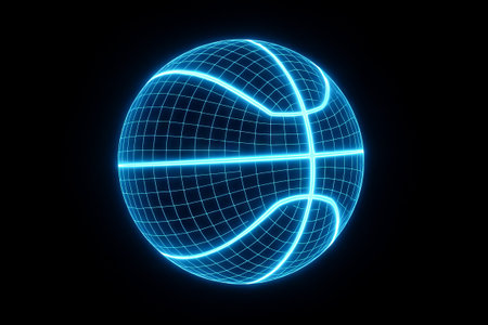 Neon basketball glowing with simple composition on black background. concept of futuristic sports design, digital art, innovation in athletic aesthetics.の写真素材
