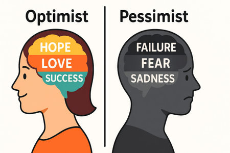 Illustration of optimistic vs pessimistic brain with concepts of hope, love, success, failure, fear, sadness. concept of positive mindset, negative thinking, emotional contrast.の写真素材