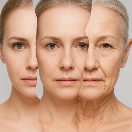 Concept of aging and time, illustration of three stages of aging on caucasian woman s face showcasing transition from youth to elderly.の写真素材