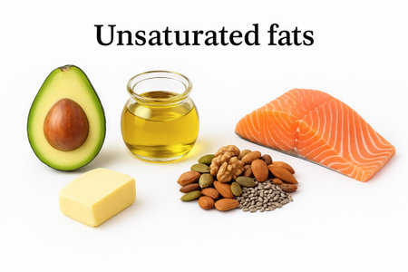 Avocado, salmon, nuts, and oil representing unsaturated fats for healthy diet and nutrition concept.の写真素材
