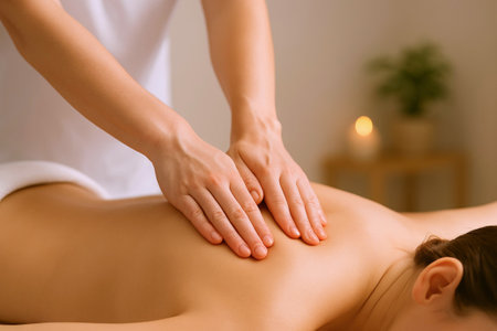 Relaxing spa scene with woman receiving back massage in a tranquil environment. concept of wellness, stress relief, therapeutic experience.の写真素材