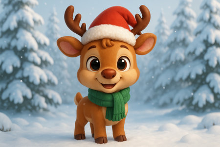 Adorable christmas reindeer with santa hat and green scarf in snowy forest. concept of holiday cheer, winter festivities, cute animal illustration.の写真素材
