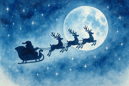 Santa and reindeer silhouette flying across the night sky in front of a full moon. concept of christmas eve magic, holiday tradition, festive winter scene.の写真素材
