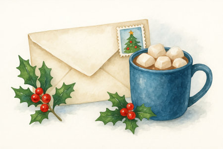 Festive envelope and hot cocoa with holly on white background. concept of holiday season, warm drink, christmas card illustration.の写真素材
