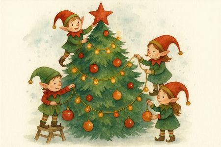 Watercolor elves decorating christmas tree with star and ornaments. concept of holiday celebration, festive decor, christmas spirit.の写真素材