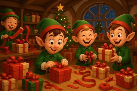 Christmas elves joyfully wrapping gifts in a festive workshop with decorated tree and starry night. concept of holiday spirit, gift wrapping, festive celebration.の写真素材