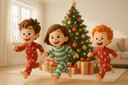 Happy children in pajamas joyfully play around decorative christmas tree with colorful gifts indoors. concept of holiday celebration, festive spirit, childhood joy.の写真素材