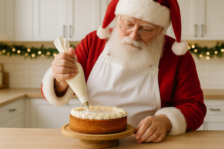 Santa claus decorating a christmas cake in festive kitchen setting. concept of holiday baking, christmas celebration, festive culinary art.の写真素材