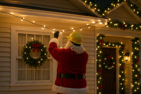 Santa claus in festive attire decorating house facade with christmas lights and wreaths. concept of holiday spirit, festive decor, christmas celebration.の写真素材