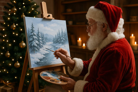 Santa claus painting a winter landscape on easel in cozy room with christmas tree and candlelight. concept of holiday creativity, festive art, christmas magic.の写真素材