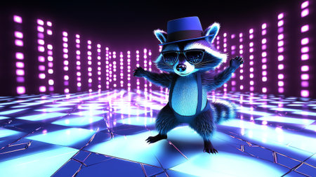 Illustration of a mischievous raccoon dancing on a neon lit floor with futuristic lights. concept of fun, party atmosphere, playful animal character.の写真素材